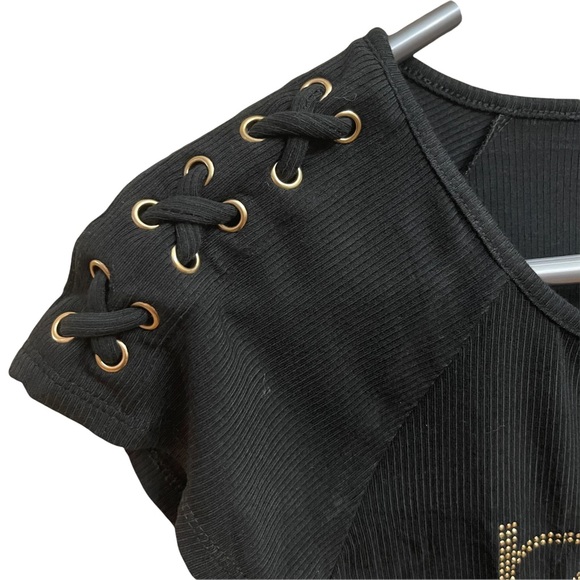 NWT Bebe Women’s Black T-shirt & Gold Rhinestone Logo Size Small - Picture 5 of 8